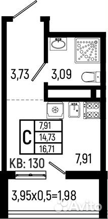 Квартира-студия, 14,7 м², 11/18 эт., Небуг