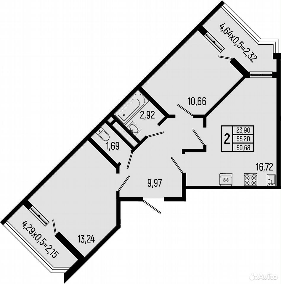 2-к. квартира, 55,2 м², 2/9 эт., Небуг